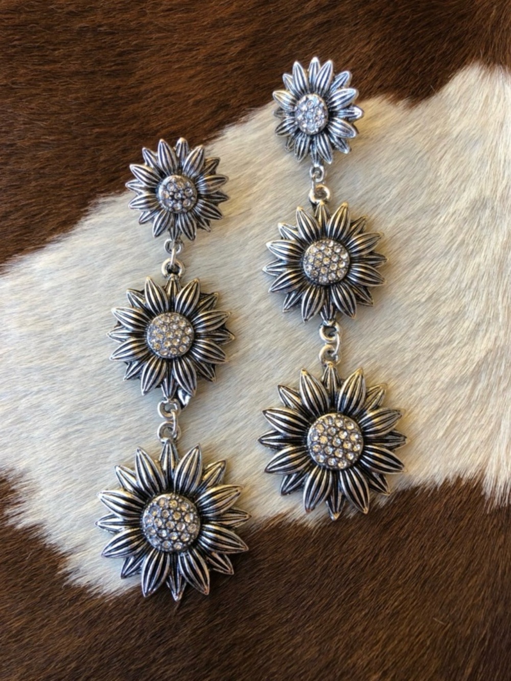 Silver Sunflower Triple Drop Earrings - Sparkling Floral Style